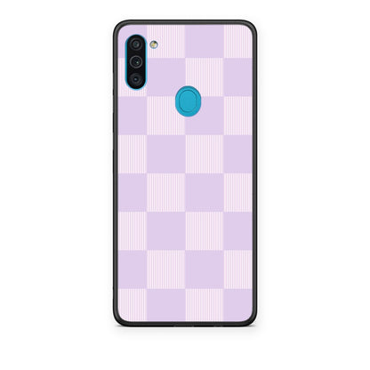 Θήκη Samsung Galaxy A11 / M11 Lilac and Cream Striped Checks από τη Smartfits με σχέδιο στο πίσω μέρος και μαύρο περίβλημα | Samsung Galaxy A11 / M11 Lilac and Cream Striped Checks case with colorful back and black bezels
