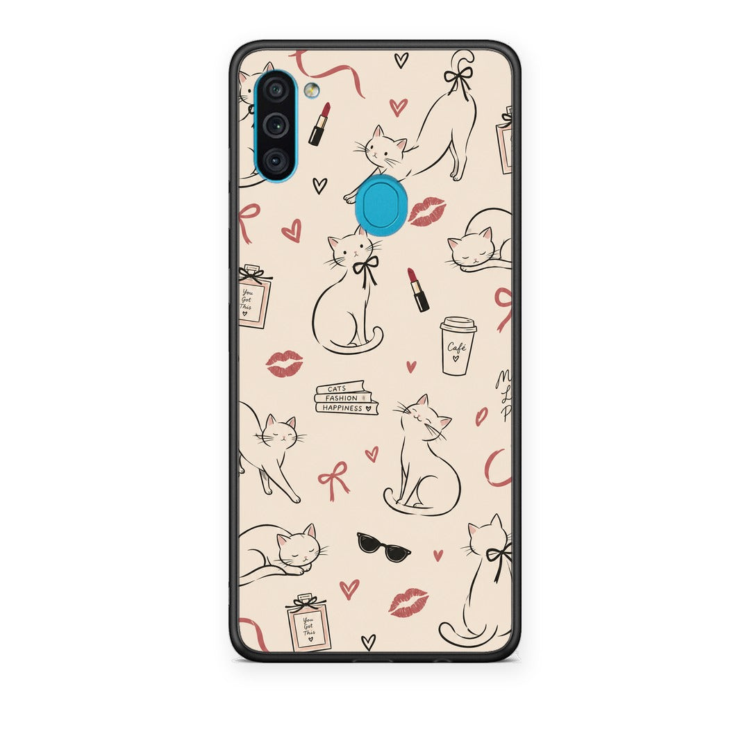 Θήκη Samsung Galaxy A11 / M11 Minimal Cat and Fashion Doodles on Cream από τη Smartfits με σχέδιο στο πίσω μέρος και μαύρο περίβλημα | Samsung Galaxy A11 / M11 Minimal Cat and Fashion Doodles on Cream case with colorful back and black bezels