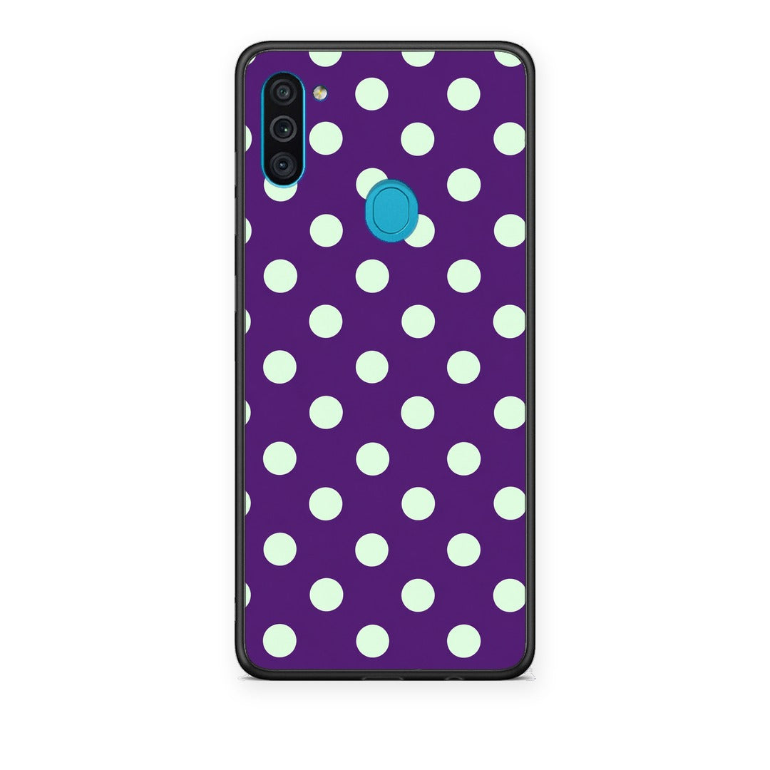 Θήκη Samsung Galaxy A11 / M11 Mint Polka Dots on Purple από τη Smartfits με σχέδιο στο πίσω μέρος και μαύρο περίβλημα | Samsung Galaxy A11 / M11 Mint Polka Dots on Purple case with colorful back and black bezels