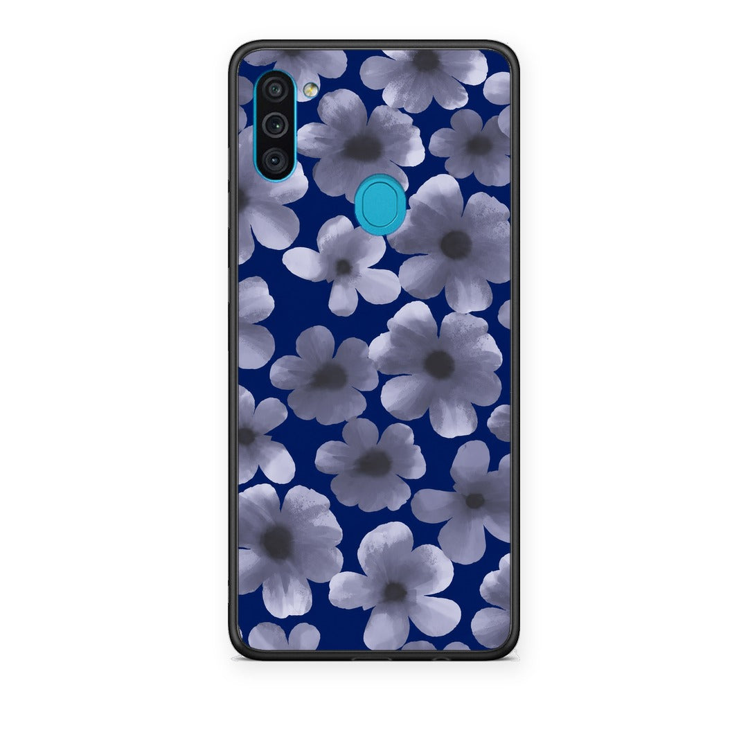 Θήκη Samsung Galaxy A11 / M11 Pale Blue Flowers on Navy από τη Smartfits με σχέδιο στο πίσω μέρος και μαύρο περίβλημα | Samsung Galaxy A11 / M11 Pale Blue Flowers on Navy case with colorful back and black bezels