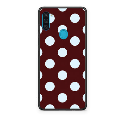 Θήκη Samsung Galaxy A11 / M11 Pale Blue Large Polka Dots on Burgundy από τη Smartfits με σχέδιο στο πίσω μέρος και μαύρο περίβλημα | Samsung Galaxy A11 / M11 Pale Blue Large Polka Dots on Burgundy case with colorful back and black bezels
