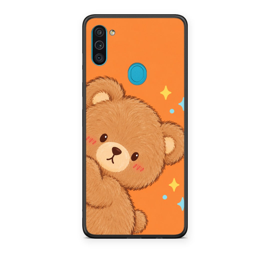 Θήκη Samsung Galaxy A11 / M11 Peekaboo Teddy on Orange από τη Smartfits με σχέδιο στο πίσω μέρος και μαύρο περίβλημα | Samsung Galaxy A11 / M11 Peekaboo Teddy on Orange case with colorful back and black bezels