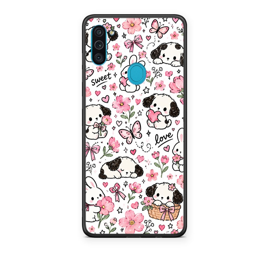 Θήκη Samsung Galaxy A11 / M11 Pink Florals Puppies and Bunnies on White από τη Smartfits με σχέδιο στο πίσω μέρος και μαύρο περίβλημα | Samsung Galaxy A11 / M11 Pink Florals Puppies and Bunnies on White case with colorful back and black bezels