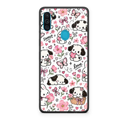 Θήκη Samsung Galaxy A11 / M11 Pink Florals Puppies and Bunnies on White από τη Smartfits με σχέδιο στο πίσω μέρος και μαύρο περίβλημα | Samsung Galaxy A11 / M11 Pink Florals Puppies and Bunnies on White case with colorful back and black bezels