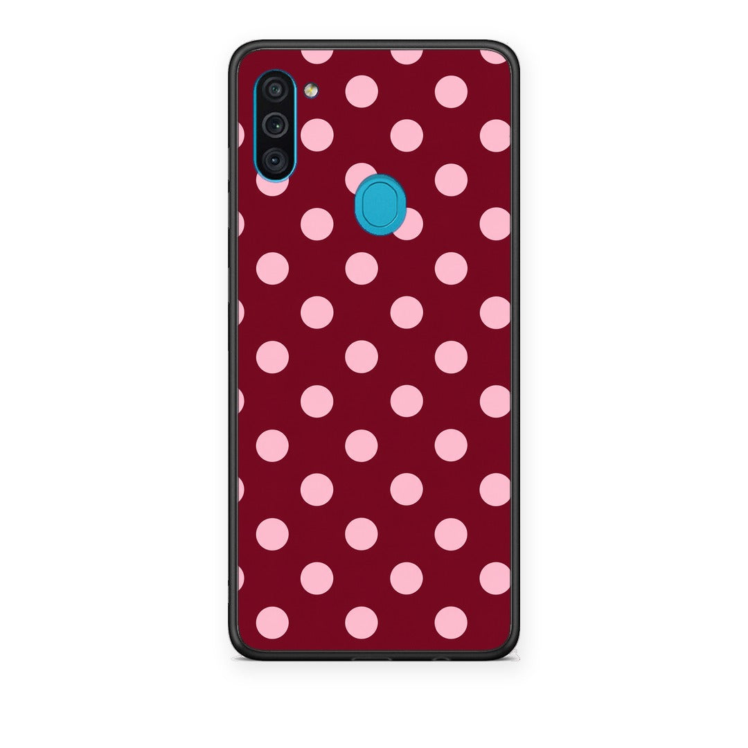 Θήκη Samsung Galaxy A11 / M11 Pink Polka Dots on Burgundy από τη Smartfits με σχέδιο στο πίσω μέρος και μαύρο περίβλημα | Samsung Galaxy A11 / M11 Pink Polka Dots on Burgundy case with colorful back and black bezels