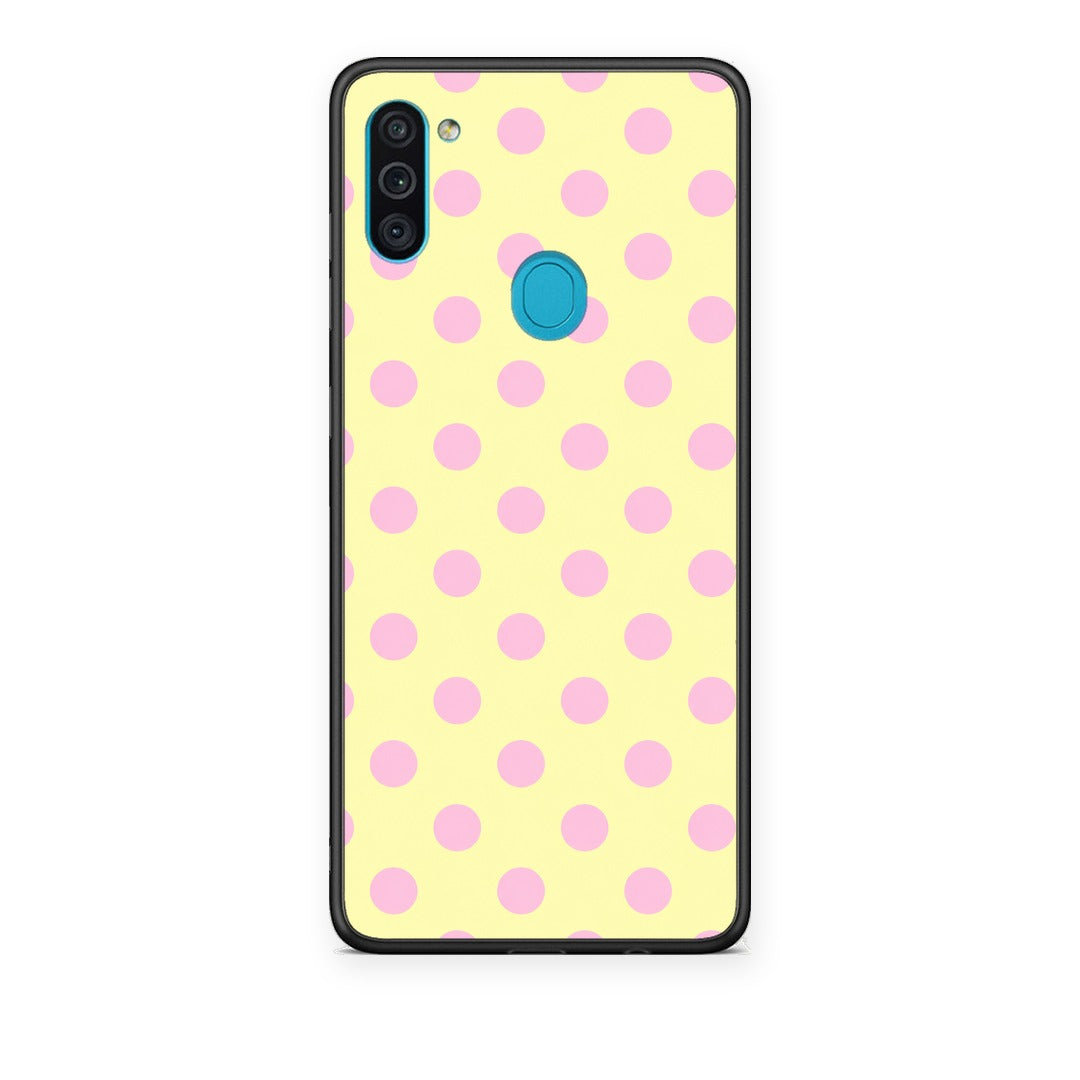 Θήκη Samsung Galaxy A11 / M11 Pink Polka Dots on Yellow από τη Smartfits με σχέδιο στο πίσω μέρος και μαύρο περίβλημα | Samsung Galaxy A11 / M11 Pink Polka Dots on Yellow case with colorful back and black bezels