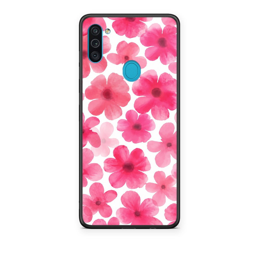 Θήκη Samsung Galaxy A11 / M11 Pink Watercolour Flowers on White από τη Smartfits με σχέδιο στο πίσω μέρος και μαύρο περίβλημα | Samsung Galaxy A11 / M11 Pink Watercolour Flowers on White case with colorful back and black bezels