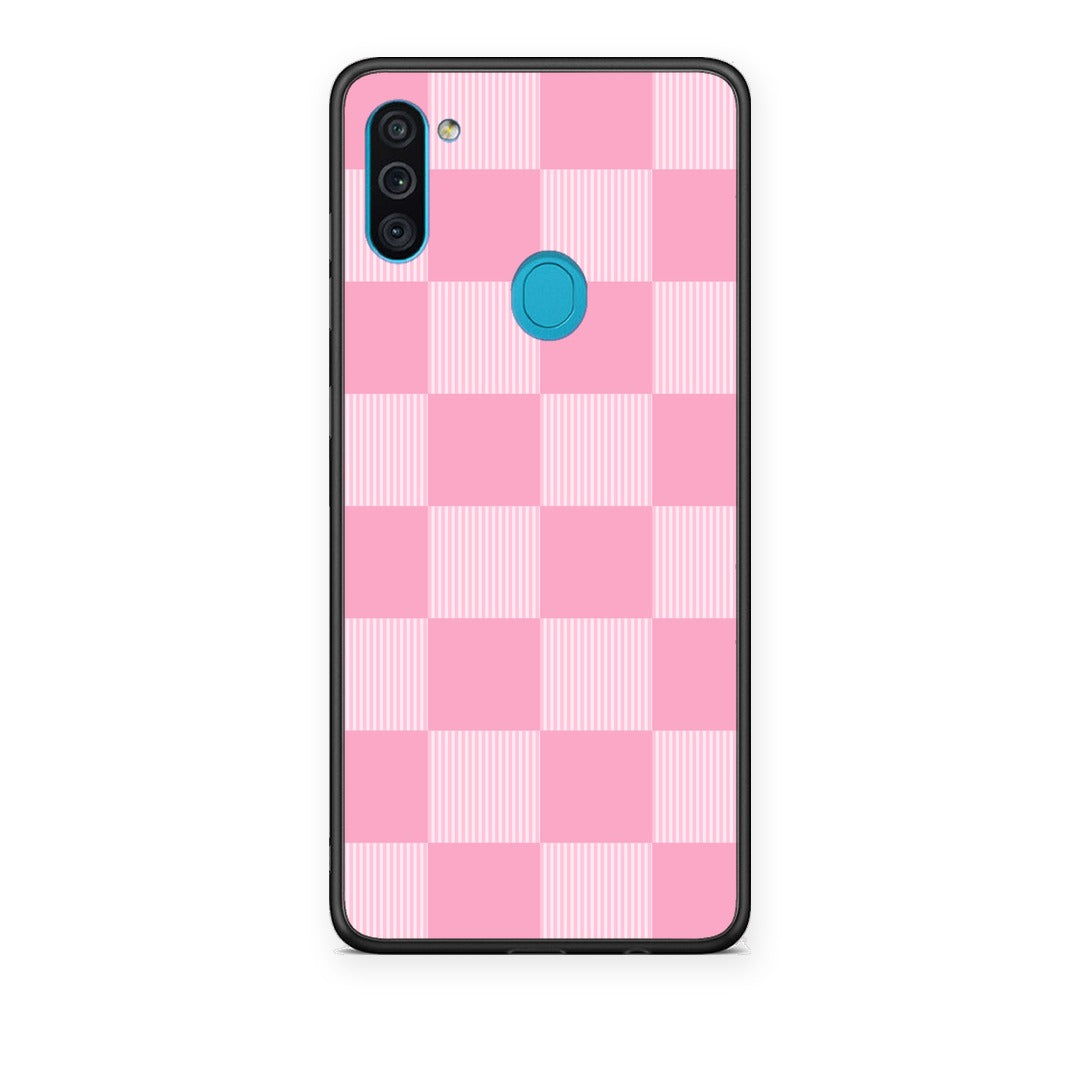 Θήκη Samsung Galaxy A11 / M11 Pink and White Striped Checks από τη Smartfits με σχέδιο στο πίσω μέρος και μαύρο περίβλημα | Samsung Galaxy A11 / M11 Pink and White Striped Checks case with colorful back and black bezels