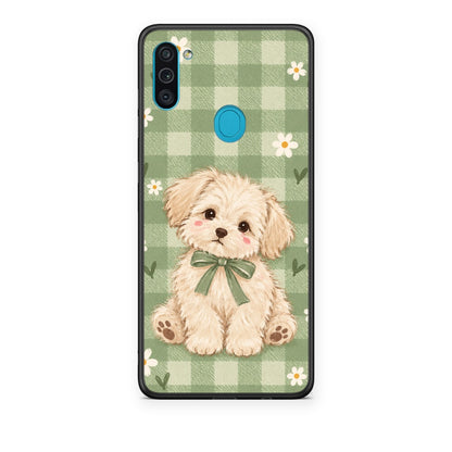 Θήκη Samsung Galaxy A11 / M11 Puppy and Daisies on Sage Gingham από τη Smartfits με σχέδιο στο πίσω μέρος και μαύρο περίβλημα | Samsung Galaxy A11 / M11 Puppy and Daisies on Sage Gingham case with colorful back and black bezels