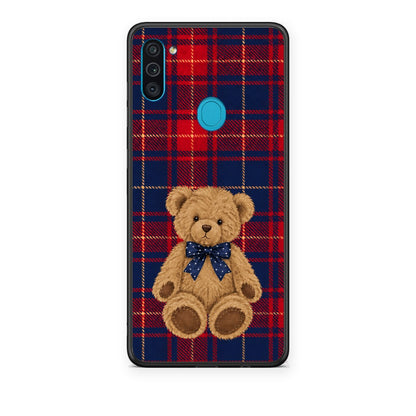 Θήκη Samsung Galaxy A11 / M11 Teddy Bear on Red and Navy Tartan από τη Smartfits με σχέδιο στο πίσω μέρος και μαύρο περίβλημα | Samsung Galaxy A11 / M11 Teddy Bear on Red and Navy Tartan case with colorful back and black bezels