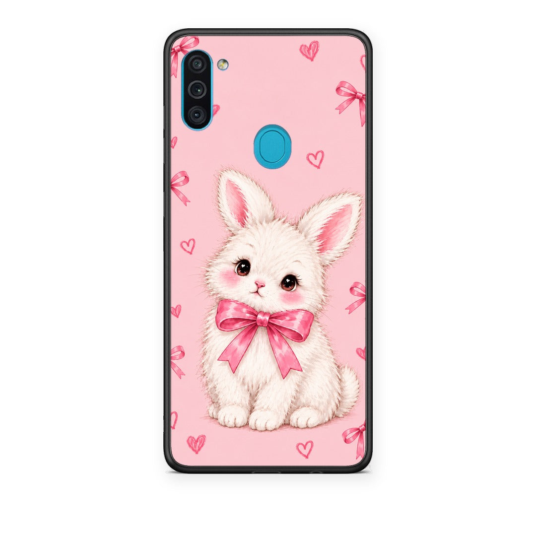 Θήκη Samsung Galaxy A11 / M11 White Bunny and Pink Bows από τη Smartfits με σχέδιο στο πίσω μέρος και μαύρο περίβλημα | Samsung Galaxy A11 / M11 White Bunny and Pink Bows case with colorful back and black bezels
