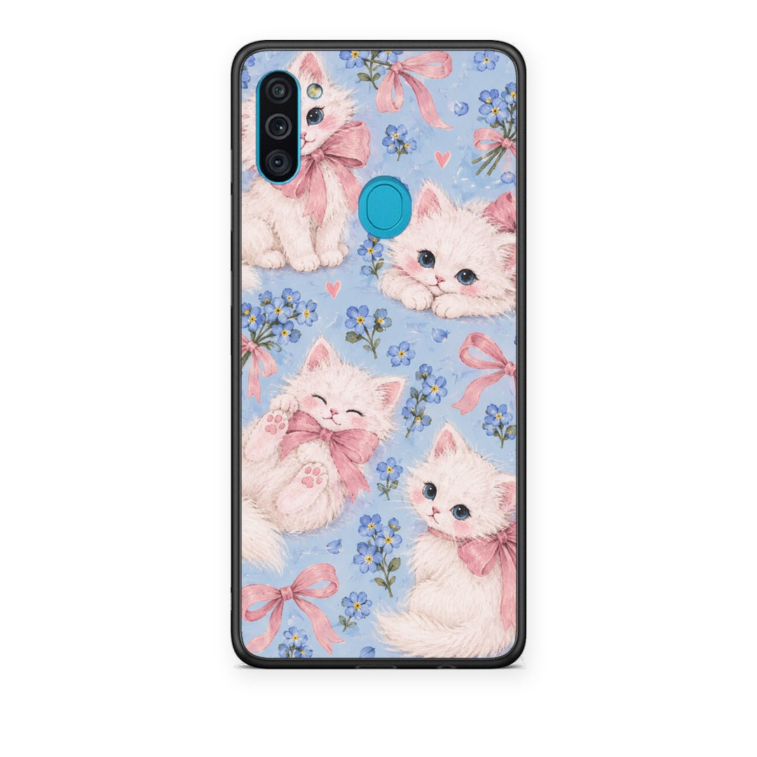 Θήκη Samsung Galaxy A11 / M11 White Kittens and Blue Flowers Large από τη Smartfits με σχέδιο στο πίσω μέρος και μαύρο περίβλημα | Samsung Galaxy A11 / M11 White Kittens and Blue Flowers Large case with colorful back and black bezels