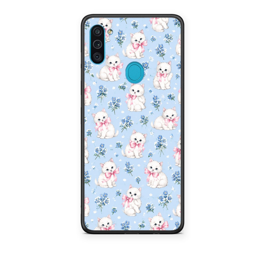 Θήκη Samsung Galaxy A11 / M11 White Kittens and Blue Flowers Small από τη Smartfits με σχέδιο στο πίσω μέρος και μαύρο περίβλημα | Samsung Galaxy A11 / M11 White Kittens and Blue Flowers Small case with colorful back and black bezels