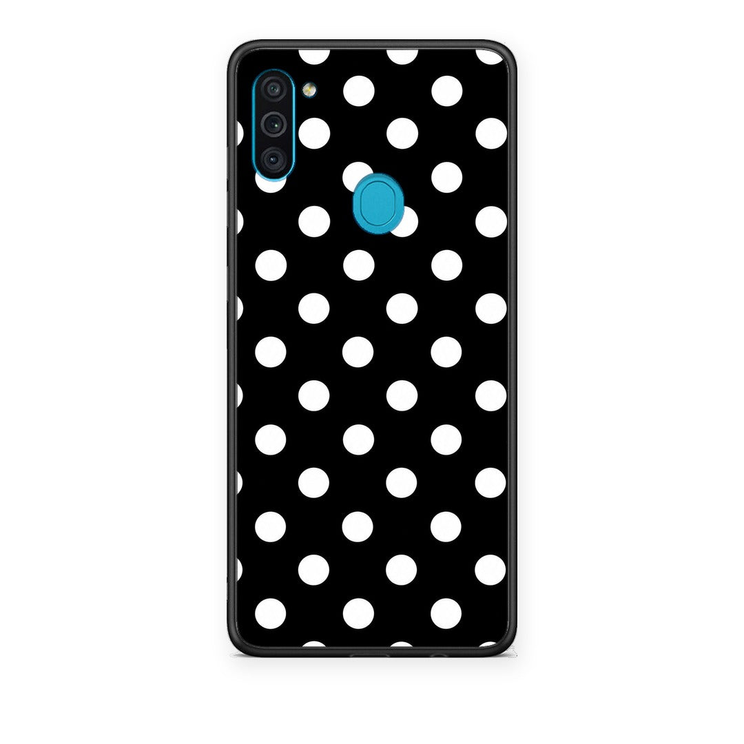 Θήκη Samsung Galaxy A11 / M11 White Polka Dots on Black από τη Smartfits με σχέδιο στο πίσω μέρος και μαύρο περίβλημα | Samsung Galaxy A11 / M11 White Polka Dots on Black case with colorful back and black bezels