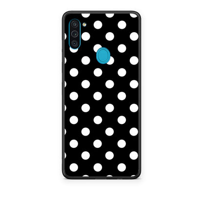 Θήκη Samsung Galaxy A11 / M11 White Polka Dots on Black από τη Smartfits με σχέδιο στο πίσω μέρος και μαύρο περίβλημα | Samsung Galaxy A11 / M11 White Polka Dots on Black case with colorful back and black bezels