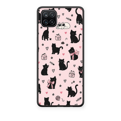 Θήκη Samsung Galaxy A12 Black Cat Doodles on Pink από τη Smartfits με σχέδιο στο πίσω μέρος και μαύρο περίβλημα | Samsung Galaxy A12 Black Cat Doodles on Pink case with colorful back and black bezels