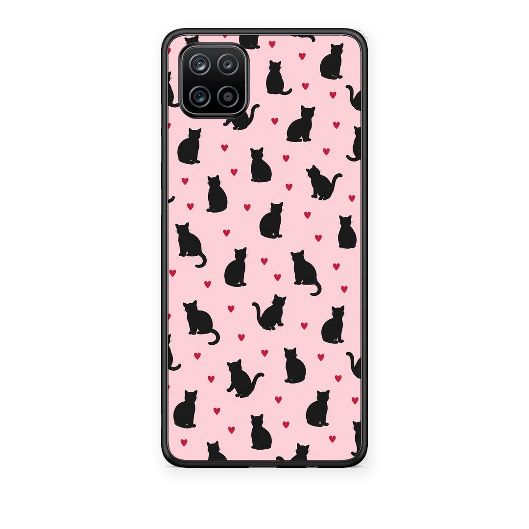 Θήκη Samsung Galaxy A12 Black Cat Silhouettes and Hearts on Pink από τη Smartfits με σχέδιο στο πίσω μέρος και μαύρο περίβλημα | Samsung Galaxy A12 Black Cat Silhouettes and Hearts on Pink case with colorful back and black bezels
