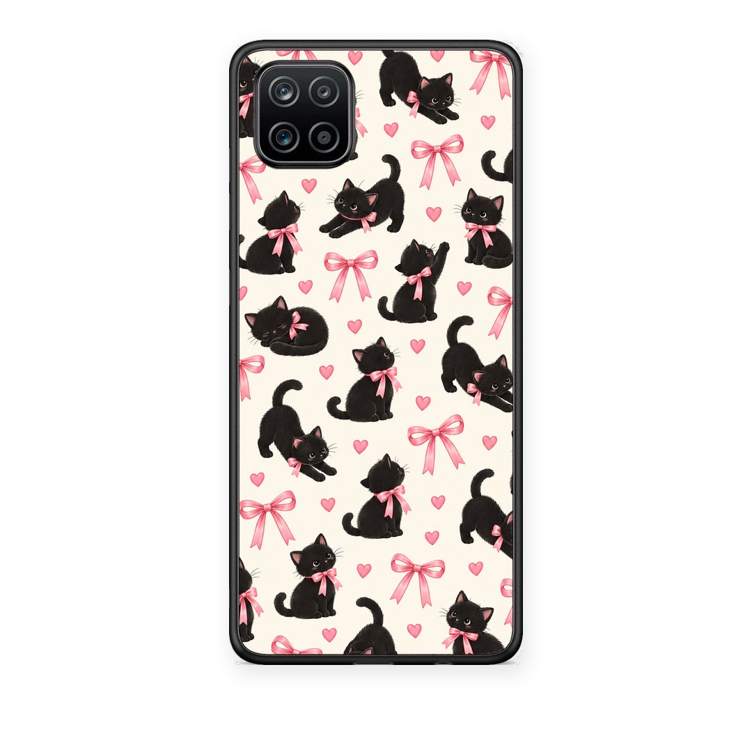 Θήκη Samsung Galaxy A12 Black Kittens and Pink Bows on Cream Small από τη Smartfits με σχέδιο στο πίσω μέρος και μαύρο περίβλημα | Samsung Galaxy A12 Black Kittens and Pink Bows on Cream Small case with colorful back and black bezels