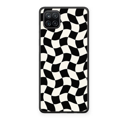 Θήκη Samsung Galaxy A12 Black and Cream Wavy Checkerboard από τη Smartfits με σχέδιο στο πίσω μέρος και μαύρο περίβλημα | Samsung Galaxy A12 Black and Cream Wavy Checkerboard case with colorful back and black bezels