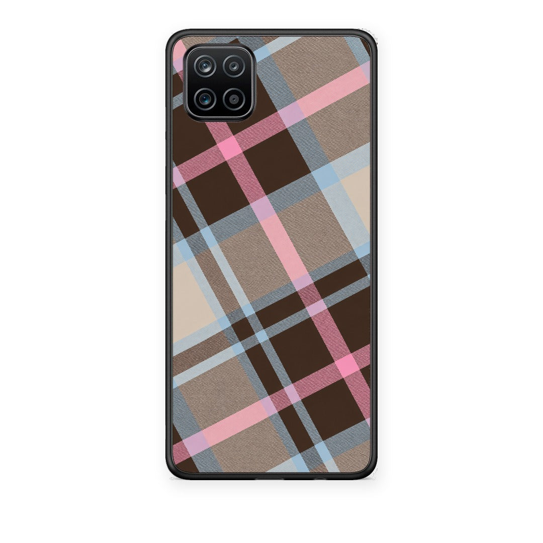 Θήκη Samsung Galaxy A12 Brown Pink and Blue Diagonal Plaid από τη Smartfits με σχέδιο στο πίσω μέρος και μαύρο περίβλημα | Samsung Galaxy A12 Brown Pink and Blue Diagonal Plaid case with colorful back and black bezels