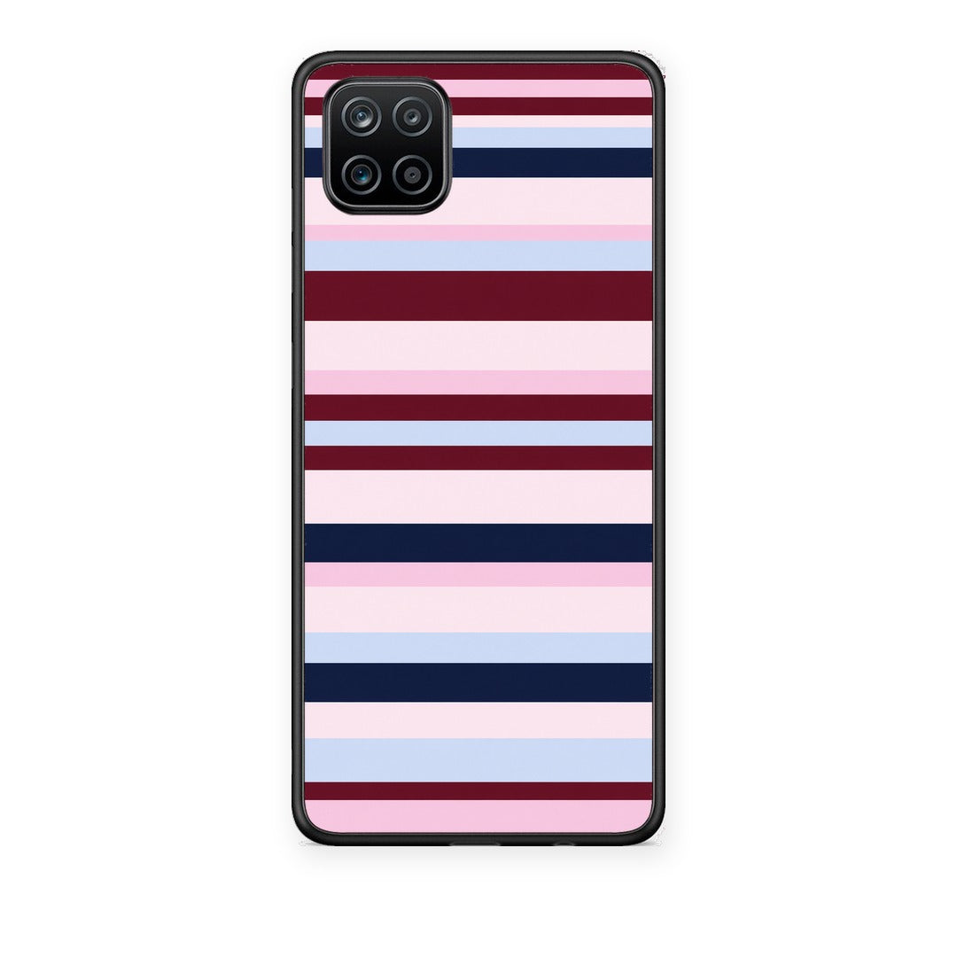 Θήκη Samsung Galaxy A12 Burgundy Pink and Blue Horizontal Stripes από τη Smartfits με σχέδιο στο πίσω μέρος και μαύρο περίβλημα | Samsung Galaxy A12 Burgundy Pink and Blue Horizontal Stripes case with colorful back and black bezels
