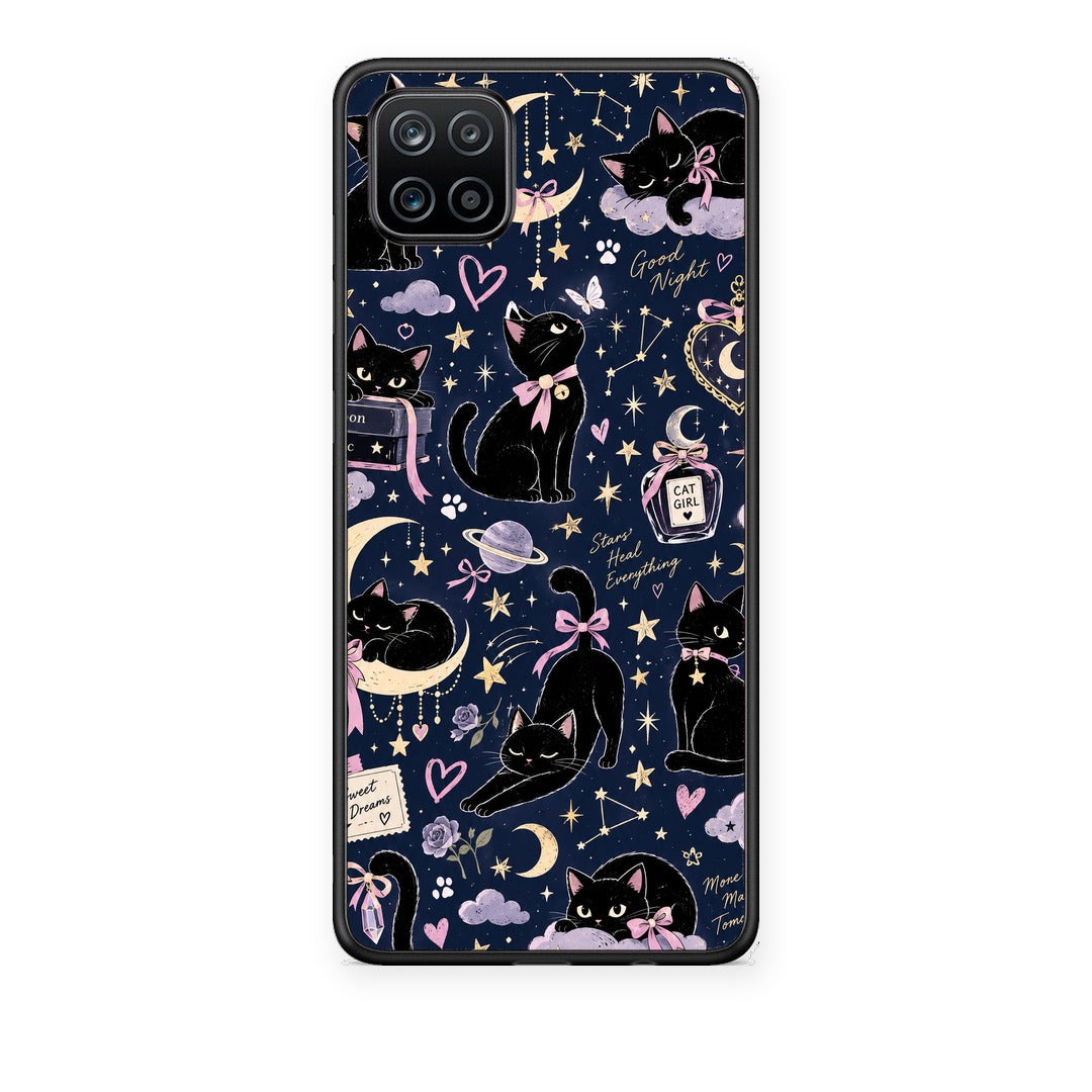 Θήκη Samsung Galaxy A12 Celestial Black Cats on Navy από τη Smartfits με σχέδιο στο πίσω μέρος και μαύρο περίβλημα | Samsung Galaxy A12 Celestial Black Cats on Navy case with colorful back and black bezels