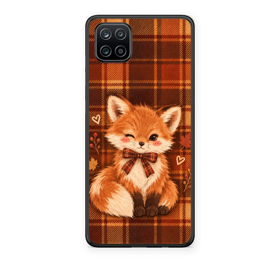 Θήκη Samsung Galaxy A12 Fox on Autumn Tartan από τη Smartfits με σχέδιο στο πίσω μέρος και μαύρο περίβλημα | Samsung Galaxy A12 Fox on Autumn Tartan case with colorful back and black bezels