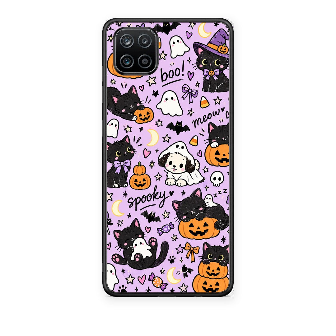 Θήκη Samsung Galaxy A12 Halloween Black Cats on Lilac από τη Smartfits με σχέδιο στο πίσω μέρος και μαύρο περίβλημα | Samsung Galaxy A12 Halloween Black Cats on Lilac case with colorful back and black bezels