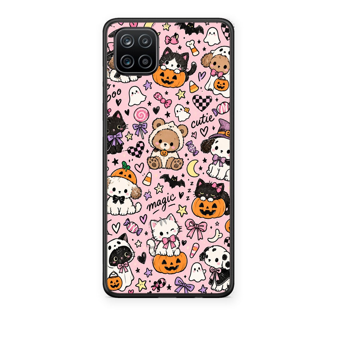 Θήκη Samsung Galaxy A12 Halloween Cute Animals on Pink από τη Smartfits με σχέδιο στο πίσω μέρος και μαύρο περίβλημα | Samsung Galaxy A12 Halloween Cute Animals on Pink case with colorful back and black bezels