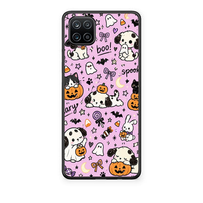 Θήκη Samsung Galaxy A12 Halloween Puppies and Friends on Lilac από τη Smartfits με σχέδιο στο πίσω μέρος και μαύρο περίβλημα | Samsung Galaxy A12 Halloween Puppies and Friends on Lilac case with colorful back and black bezels