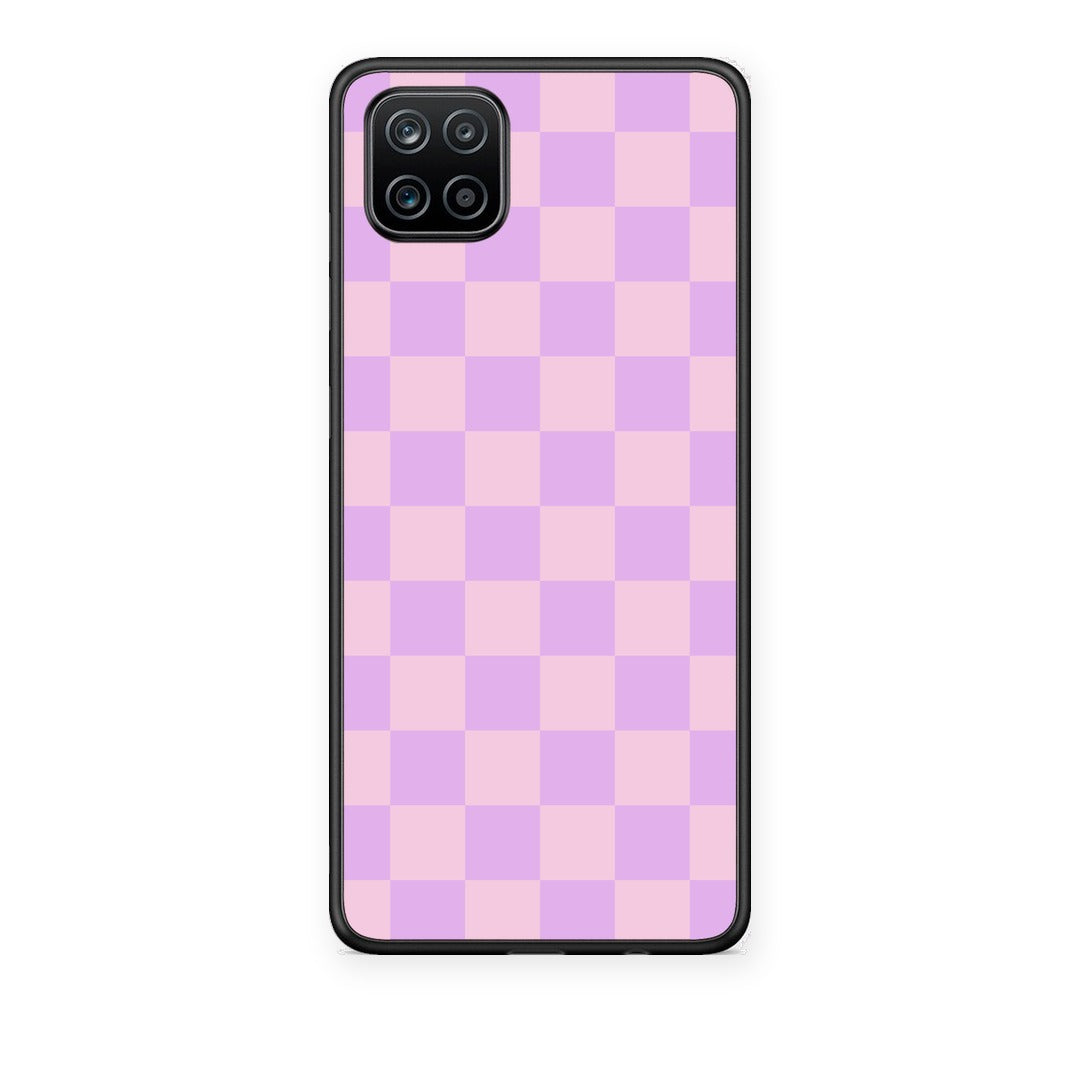 Θήκη Samsung Galaxy A12 Lavender and Pink Checkerboard από τη Smartfits με σχέδιο στο πίσω μέρος και μαύρο περίβλημα | Samsung Galaxy A12 Lavender and Pink Checkerboard case with colorful back and black bezels