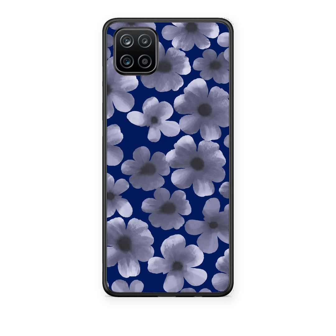 Θήκη Samsung Galaxy A12 Pale Blue Flowers on Navy από τη Smartfits με σχέδιο στο πίσω μέρος και μαύρο περίβλημα | Samsung Galaxy A12 Pale Blue Flowers on Navy case with colorful back and black bezels