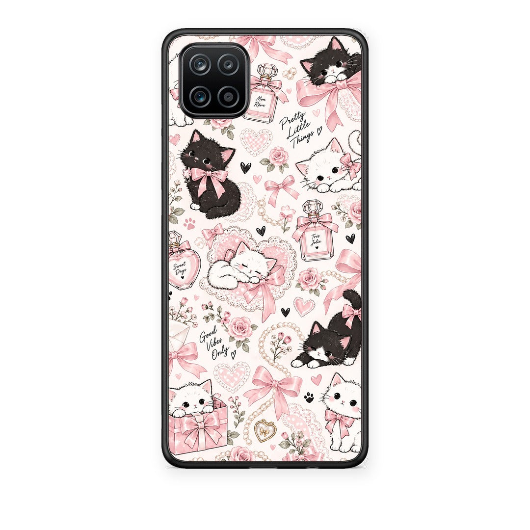 Θήκη Samsung Galaxy A12 Pink Bows and Kittens Collage από τη Smartfits με σχέδιο στο πίσω μέρος και μαύρο περίβλημα | Samsung Galaxy A12 Pink Bows and Kittens Collage case with colorful back and black bezels