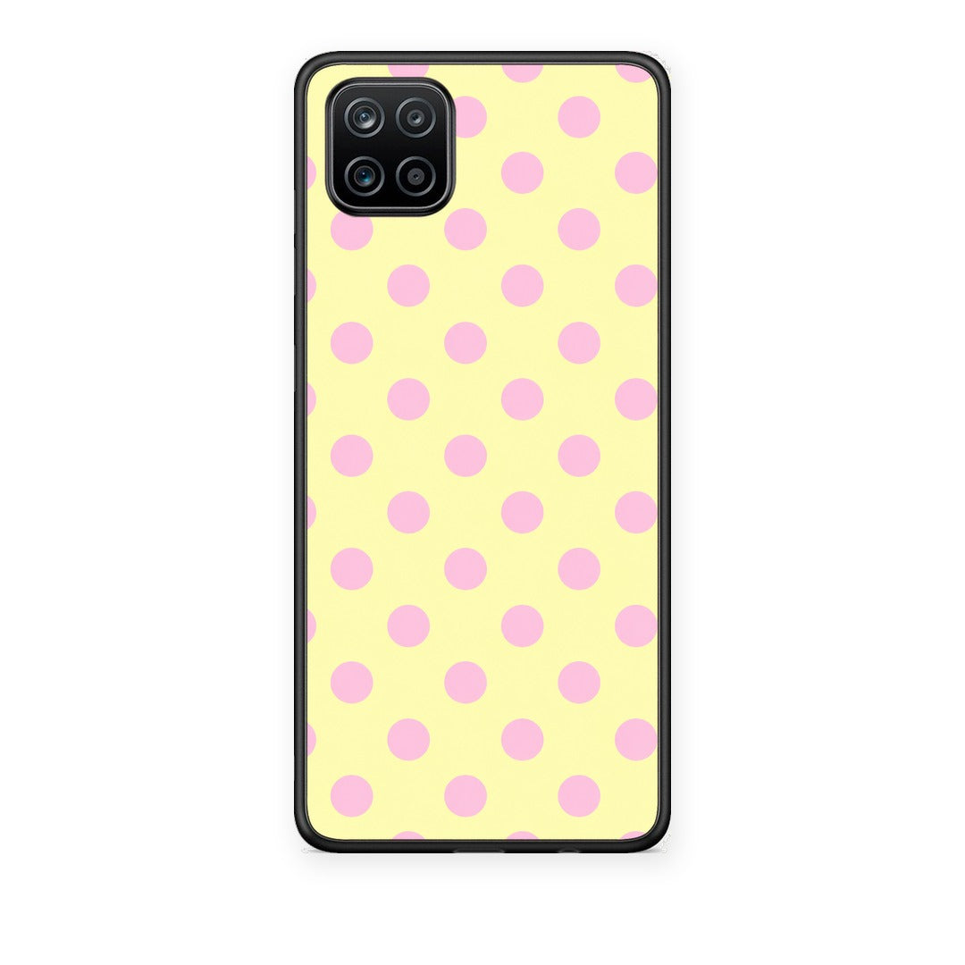 Θήκη Samsung Galaxy A12 Pink Polka Dots on Yellow από τη Smartfits με σχέδιο στο πίσω μέρος και μαύρο περίβλημα | Samsung Galaxy A12 Pink Polka Dots on Yellow case with colorful back and black bezels