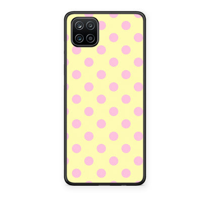 Θήκη Samsung Galaxy A12 Pink Polka Dots on Yellow από τη Smartfits με σχέδιο στο πίσω μέρος και μαύρο περίβλημα | Samsung Galaxy A12 Pink Polka Dots on Yellow case with colorful back and black bezels