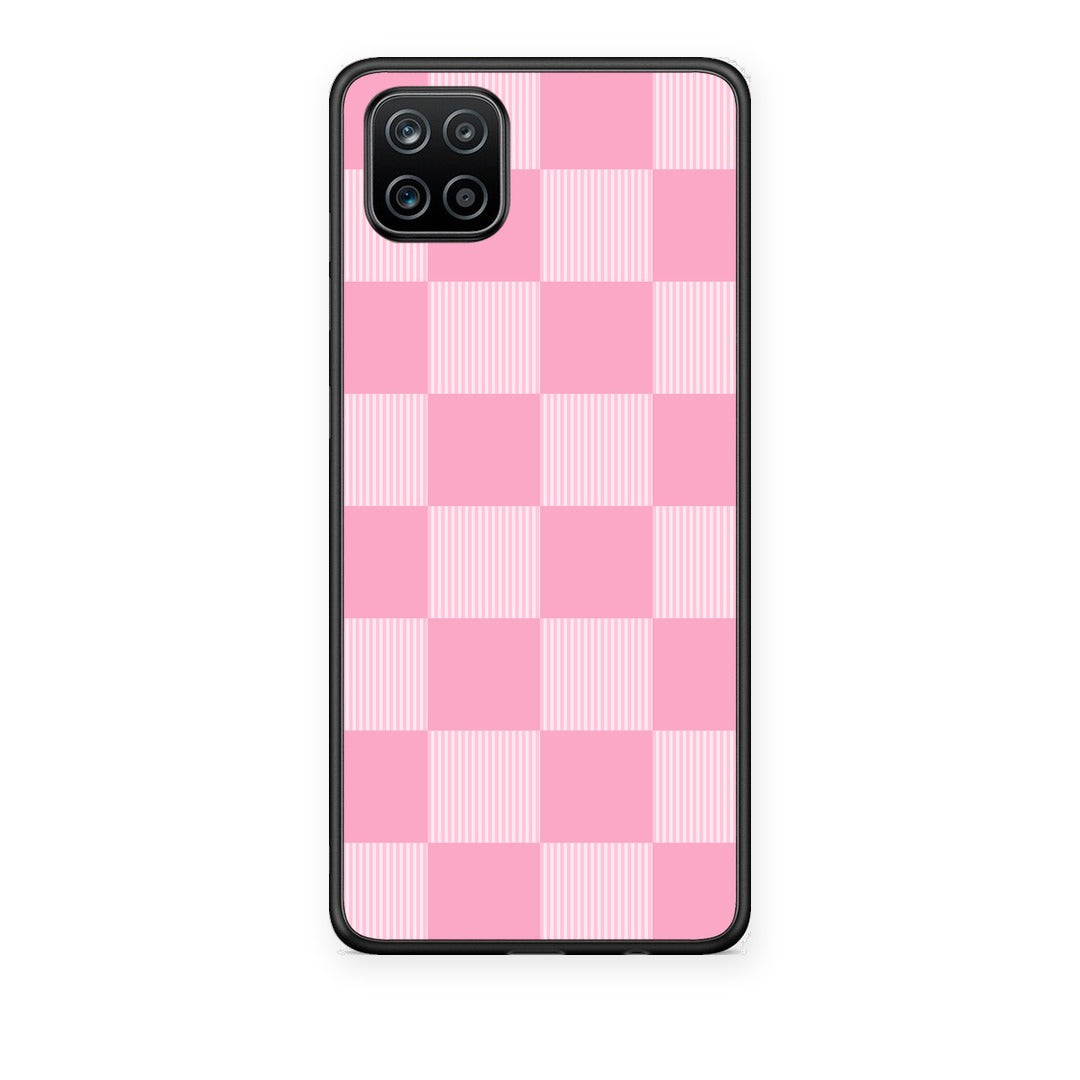Θήκη Samsung Galaxy A12 Pink and White Striped Checks από τη Smartfits με σχέδιο στο πίσω μέρος και μαύρο περίβλημα | Samsung Galaxy A12 Pink and White Striped Checks case with colorful back and black bezels