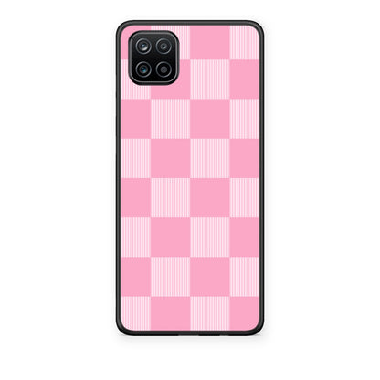 Θήκη Samsung Galaxy A12 Pink and White Striped Checks από τη Smartfits με σχέδιο στο πίσω μέρος και μαύρο περίβλημα | Samsung Galaxy A12 Pink and White Striped Checks case with colorful back and black bezels