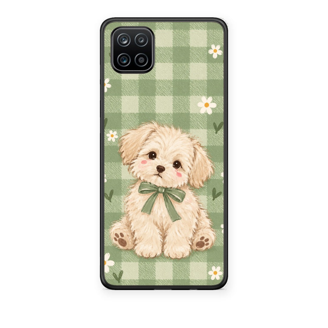 Θήκη Samsung Galaxy A12 Puppy and Daisies on Sage Gingham από τη Smartfits με σχέδιο στο πίσω μέρος και μαύρο περίβλημα | Samsung Galaxy A12 Puppy and Daisies on Sage Gingham case with colorful back and black bezels