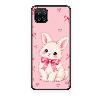 Θήκη Samsung Galaxy A12 White Bunny and Pink Bows από τη Smartfits με σχέδιο στο πίσω μέρος και μαύρο περίβλημα | Samsung Galaxy A12 White Bunny and Pink Bows case with colorful back and black bezels