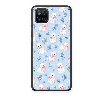 Θήκη Samsung Galaxy A12 White Kittens and Blue Flowers Small από τη Smartfits με σχέδιο στο πίσω μέρος και μαύρο περίβλημα | Samsung Galaxy A12 White Kittens and Blue Flowers Small case with colorful back and black bezels