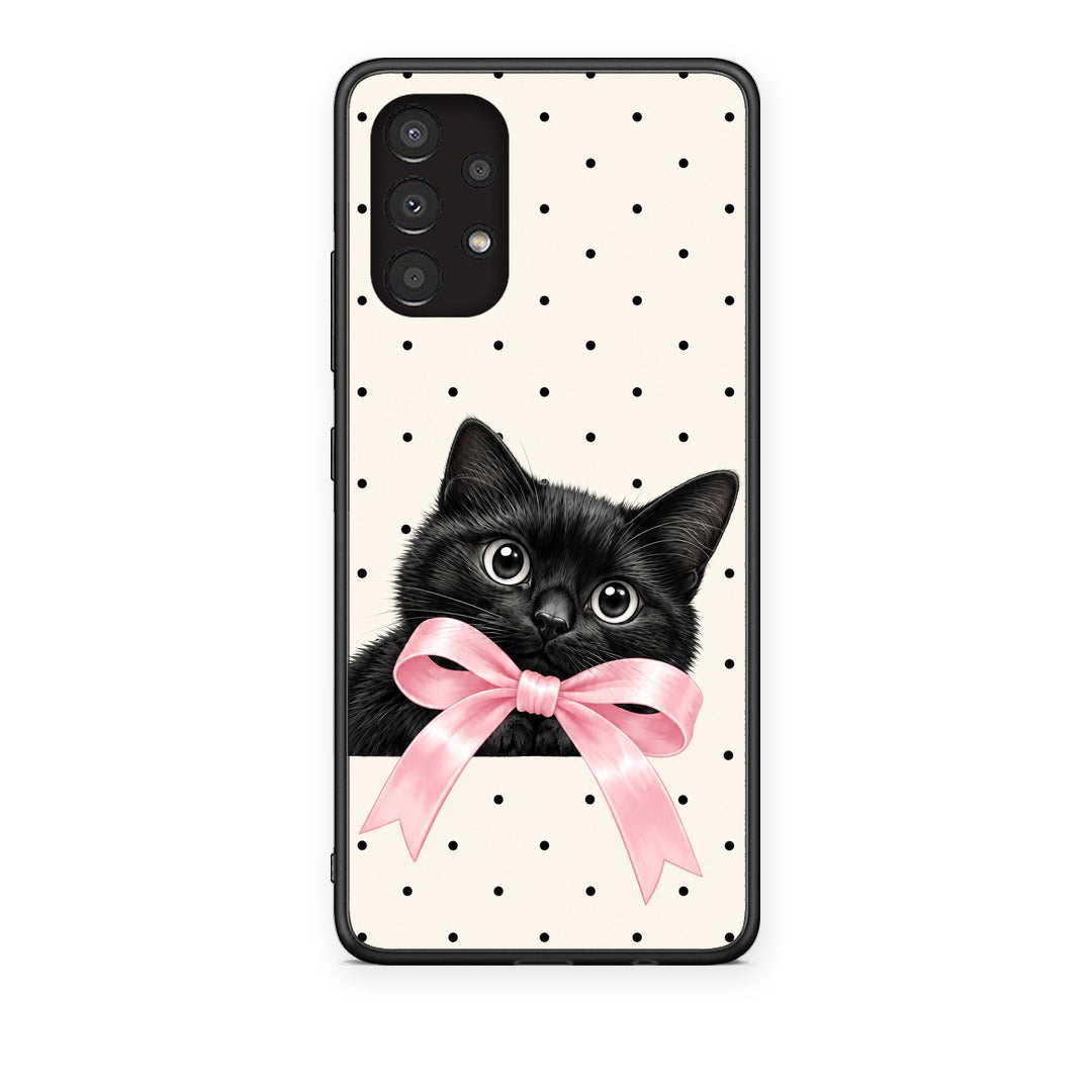 Θήκη Samsung Galaxy A13 4G Black Kitten Pink Bow and Polka Dots από τη Smartfits με σχέδιο στο πίσω μέρος και μαύρο περίβλημα | Samsung Galaxy A13 4G Black Kitten Pink Bow and Polka Dots case with colorful back and black bezels
