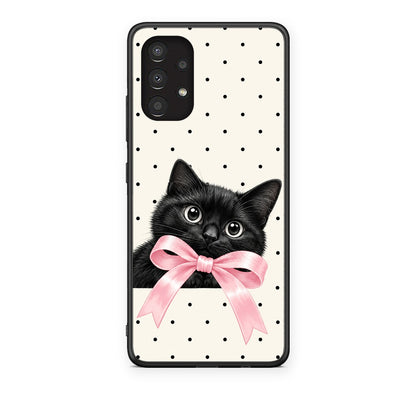 Θήκη Samsung Galaxy A13 4G Black Kitten Pink Bow and Polka Dots από τη Smartfits με σχέδιο στο πίσω μέρος και μαύρο περίβλημα | Samsung Galaxy A13 4G Black Kitten Pink Bow and Polka Dots case with colorful back and black bezels