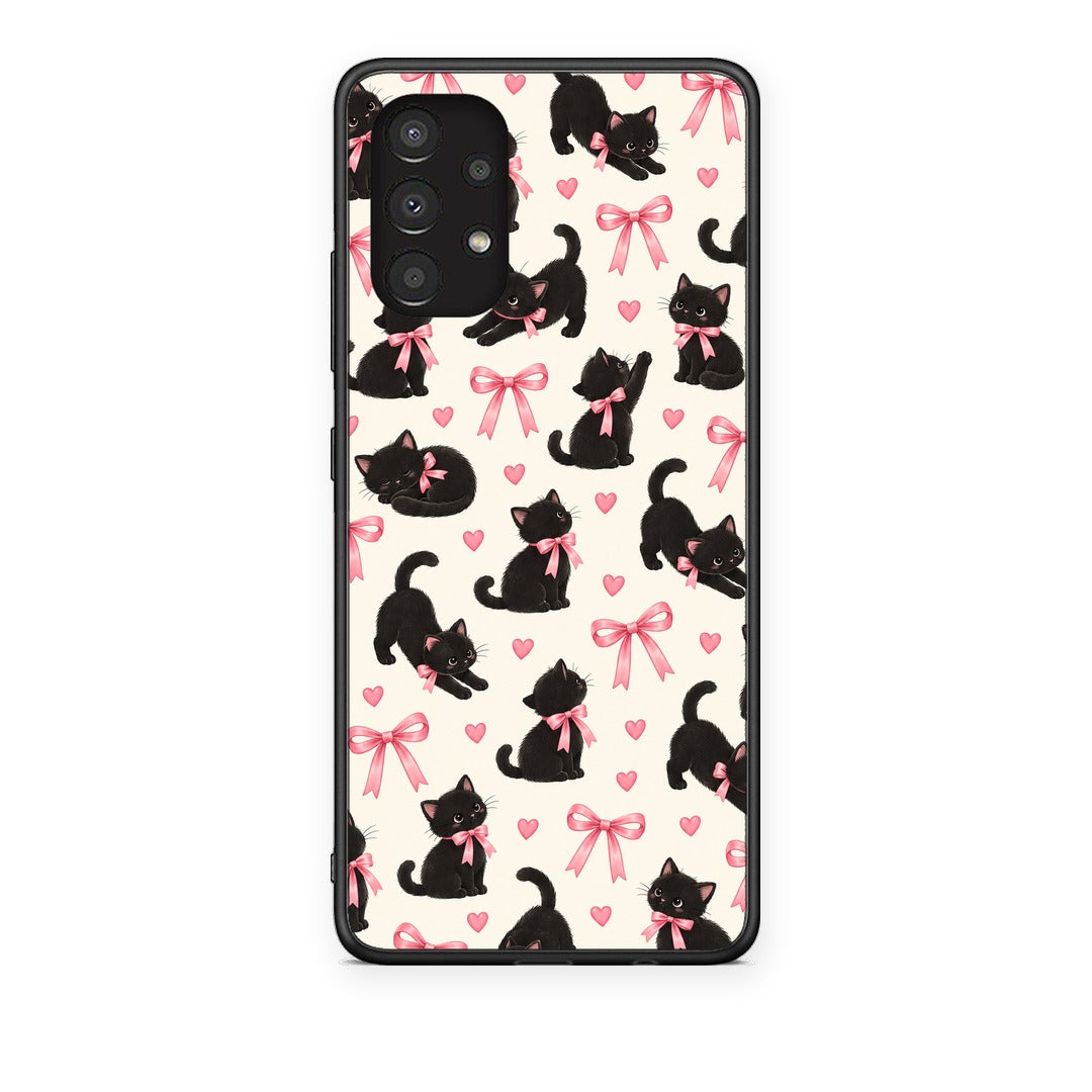 Θήκη Samsung Galaxy A13 4G Black Kittens and Pink Bows on Cream Small από τη Smartfits με σχέδιο στο πίσω μέρος και μαύρο περίβλημα | Samsung Galaxy A13 4G Black Kittens and Pink Bows on Cream Small case with colorful back and black bezels