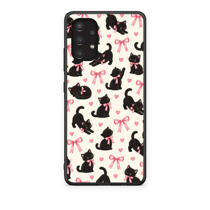 Θήκη Samsung Galaxy A13 4G Black Kittens and Pink Bows on Cream Small από τη Smartfits με σχέδιο στο πίσω μέρος και μαύρο περίβλημα | Samsung Galaxy A13 4G Black Kittens and Pink Bows on Cream Small case with colorful back and black bezels