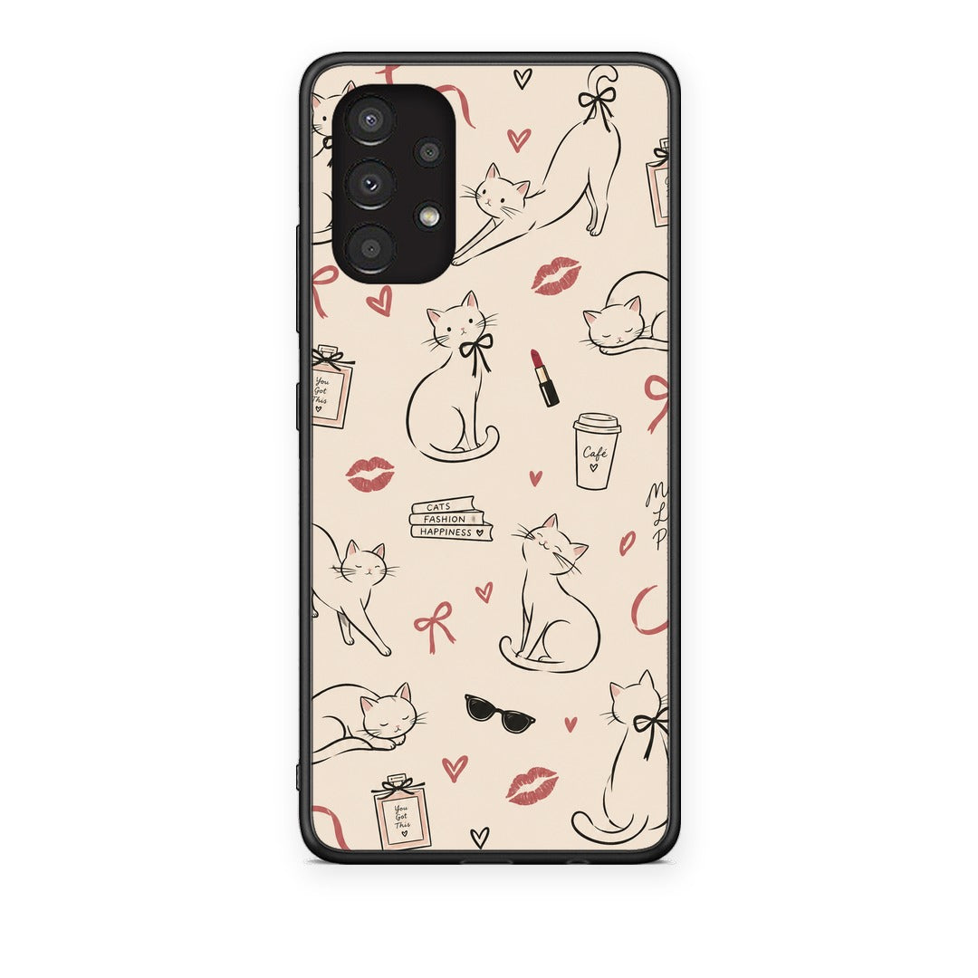 Θήκη Samsung Galaxy A13 4G Minimal Cat and Fashion Doodles on Cream από τη Smartfits με σχέδιο στο πίσω μέρος και μαύρο περίβλημα | Samsung Galaxy A13 4G Minimal Cat and Fashion Doodles on Cream case with colorful back and black bezels