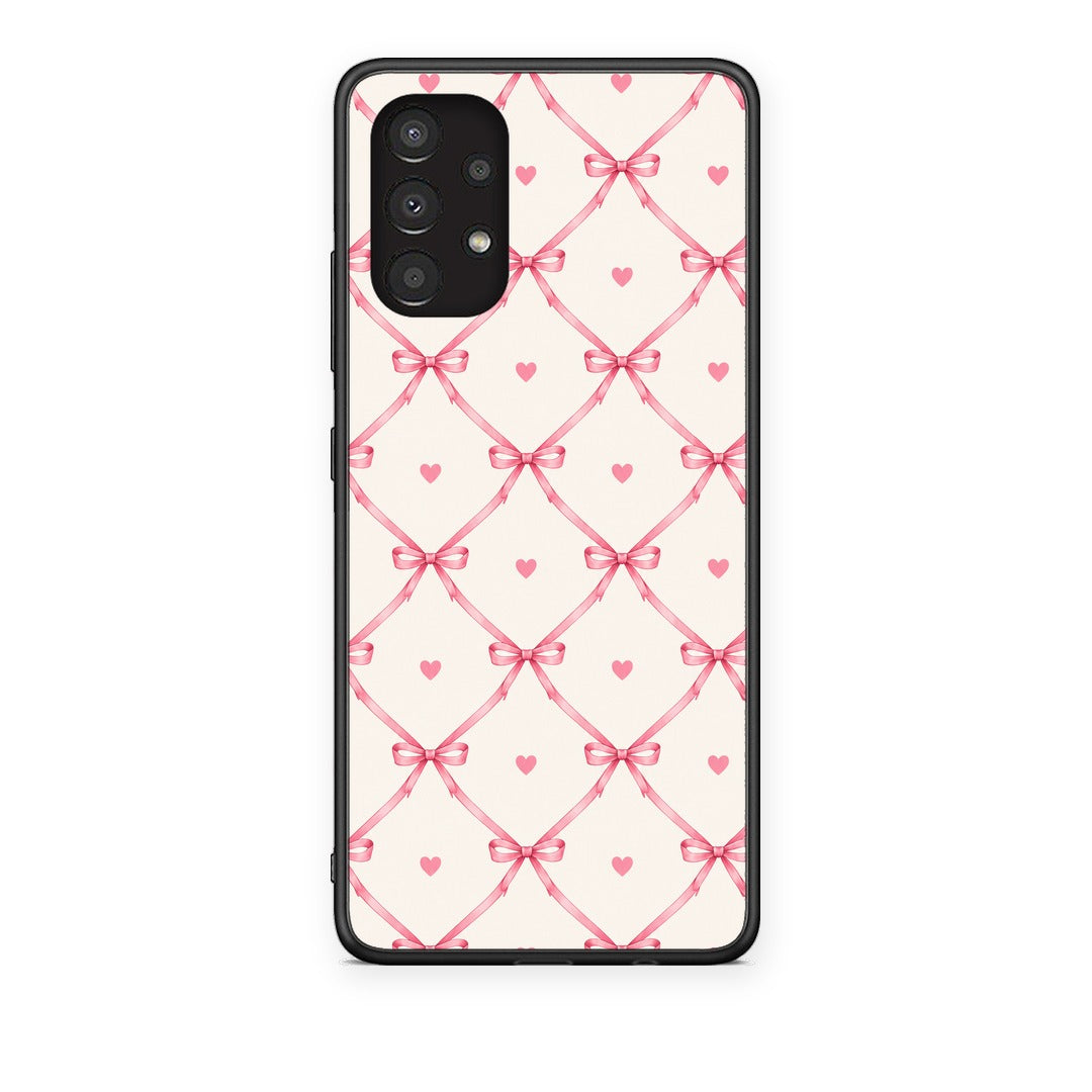 Θήκη Samsung Galaxy A13 4G Pink Bow Lattice and Hearts on Cream από τη Smartfits με σχέδιο στο πίσω μέρος και μαύρο περίβλημα | Samsung Galaxy A13 4G Pink Bow Lattice and Hearts on Cream case with colorful back and black bezels