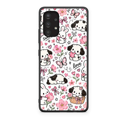 Θήκη Samsung Galaxy A13 4G Pink Florals Puppies and Bunnies on White από τη Smartfits με σχέδιο στο πίσω μέρος και μαύρο περίβλημα | Samsung Galaxy A13 4G Pink Florals Puppies and Bunnies on White case with colorful back and black bezels