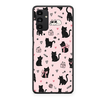 Θήκη Samsung Galaxy A04s Black Cat Doodles on Pink από τη Smartfits με σχέδιο στο πίσω μέρος και μαύρο περίβλημα | Samsung Galaxy A04s Black Cat Doodles on Pink case with colorful back and black bezels