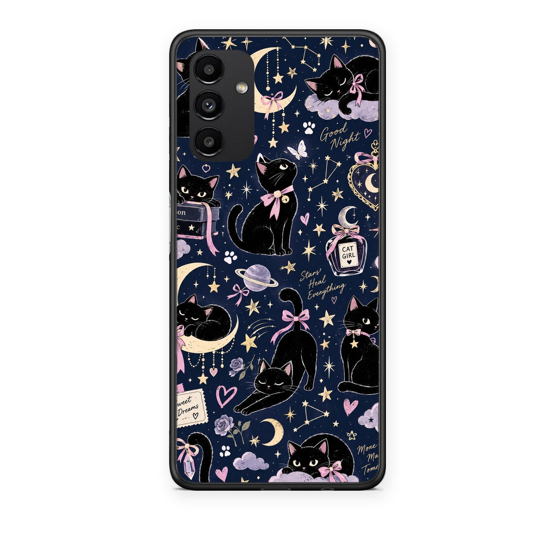 Θήκη Samsung Galaxy A04s Celestial Black Cats on Navy από τη Smartfits με σχέδιο στο πίσω μέρος και μαύρο περίβλημα | Samsung Galaxy A04s Celestial Black Cats on Navy case with colorful back and black bezels