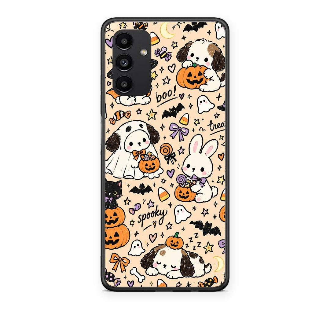 Θήκη Samsung Galaxy A13 5G Halloween Puppies and Friends on Cream από τη Smartfits με σχέδιο στο πίσω μέρος και μαύρο περίβλημα | Samsung Galaxy A13 5G Halloween Puppies and Friends on Cream case with colorful back and black bezels